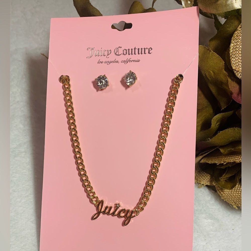 NEW JUICY COUTURE STUD EARRINGS AND LOGO NECKLACE